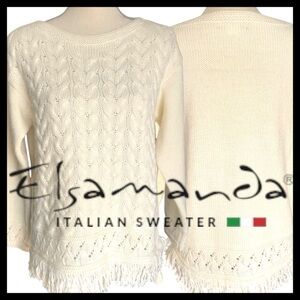 Anthro Elsamanda Italian Wool/Alpaca Blend Cream Cable Knit Fringe Sweater (L)